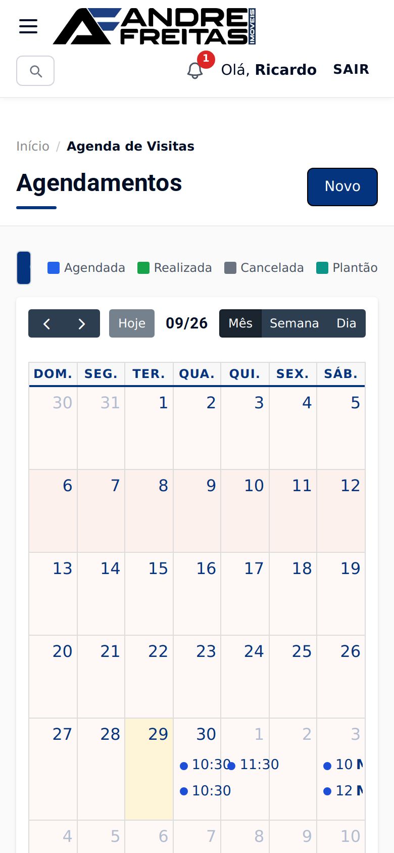 Tela Agenda de visitas