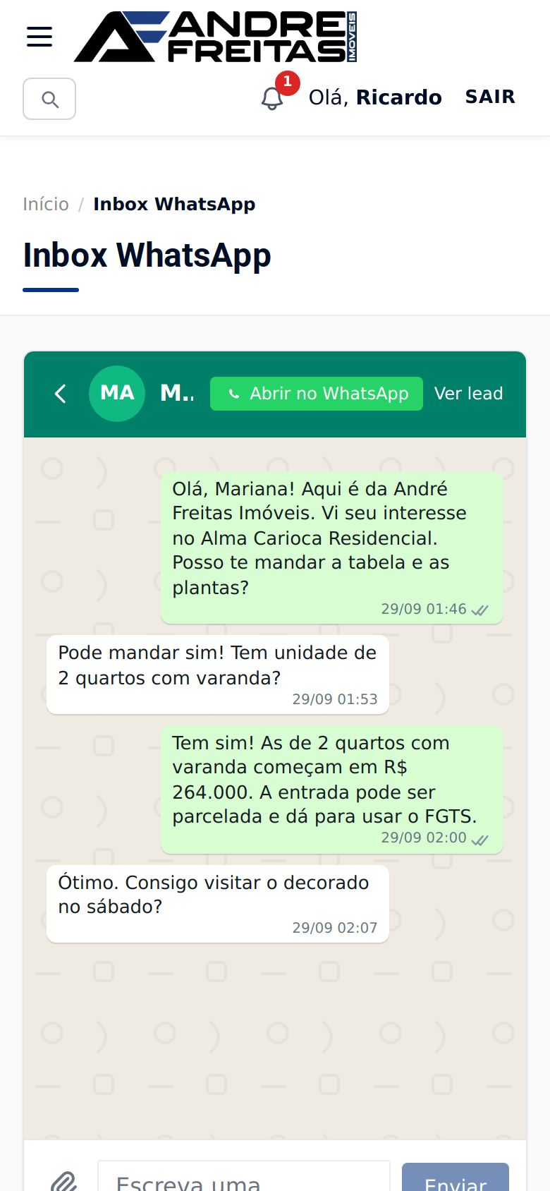 Tela WhatsApp no CRM