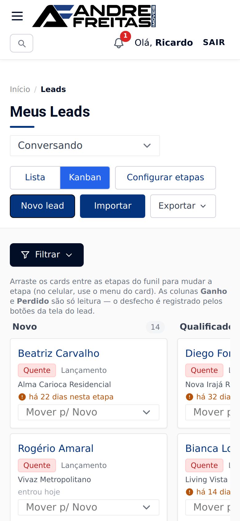 Tela Funil em Kanban