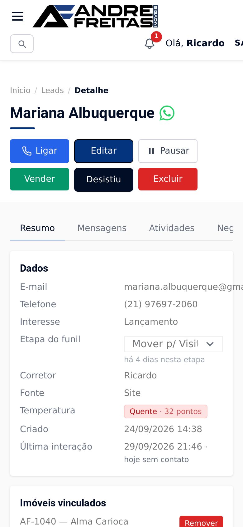 Tela Ficha do lead