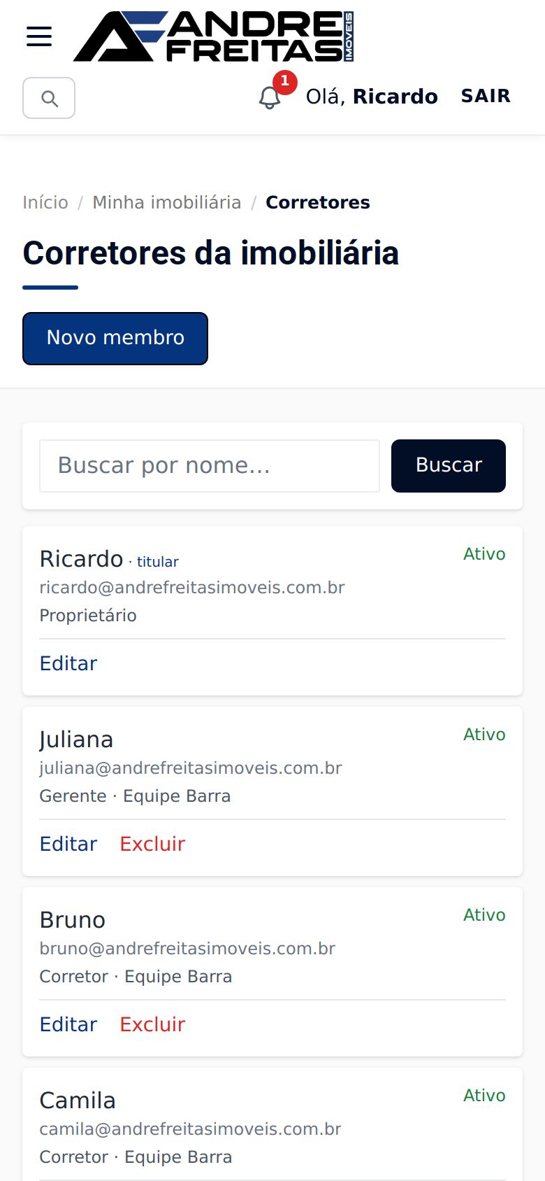 Tela Sua equipe